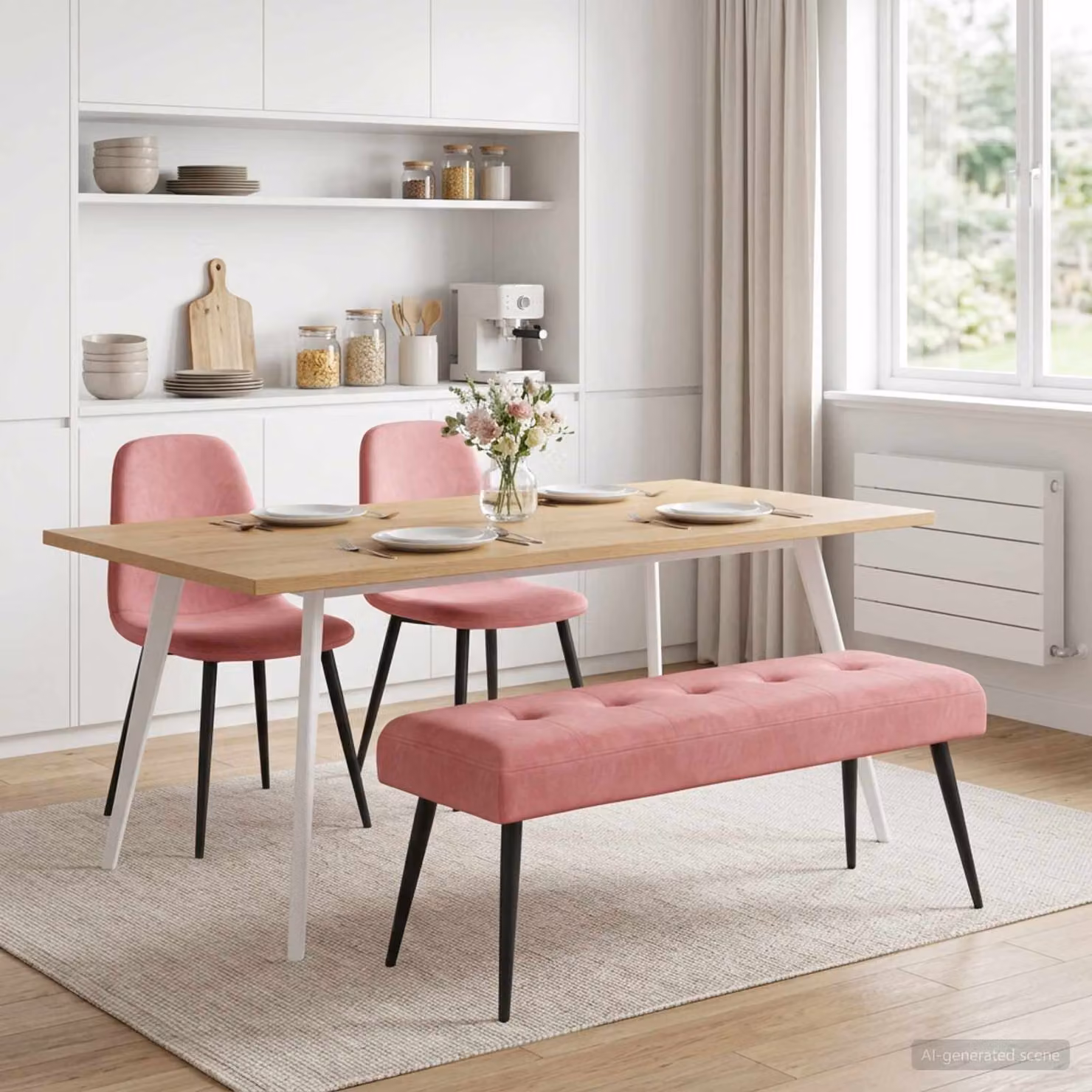 Panchina moderna vidaXL in velluto rosa con bottoni imbottiti, L 110 x P 40 x H 46 cm