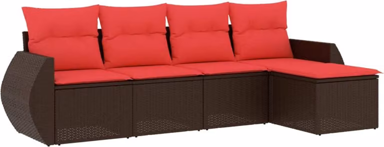 Set Divani da Giardino 5 pz con Cuscini Marrone in Polyrattan