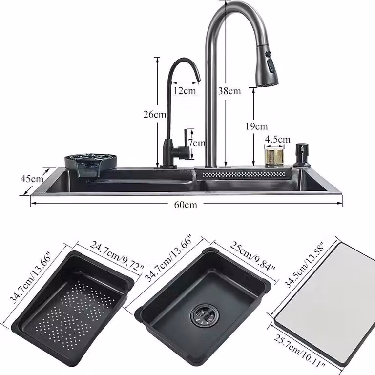 Lavello da cucina a cascata - Lavello con un bacino - Bacino grande 45x60 cm - Miscelatore integrato con dispenser per sapone - Rubinetto per acqua pura - Dispenser per detersivo per stoviglie in PVC