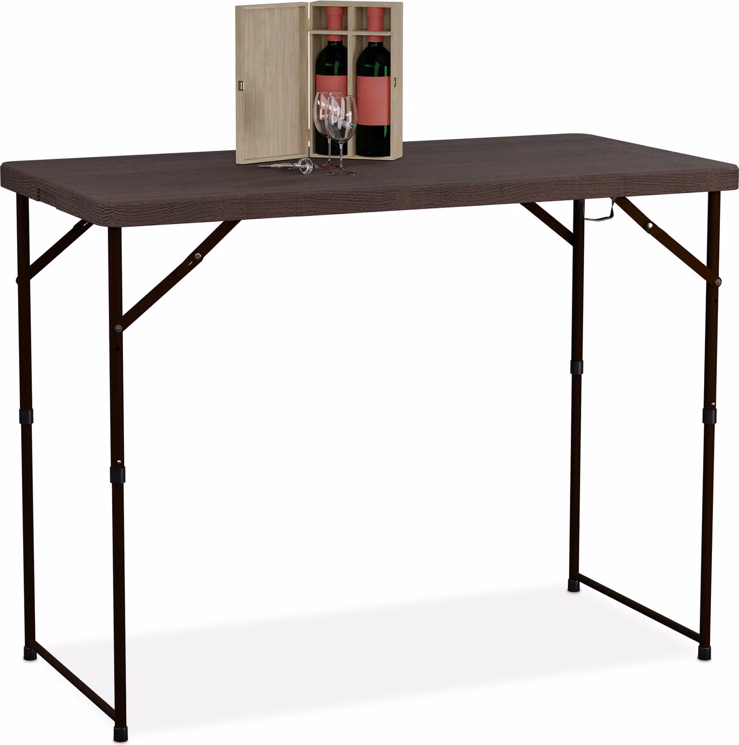 Tavolo da giardino pieghevole Relaxdays, dimensioni: 74x120x60 cm, plastica, acciaio, regolabile in altezza, 6 persone, tavolo da campeggio, marrone