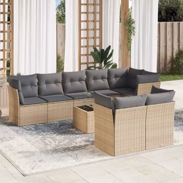 vidaXL Set Divano da Giardino a L 9 pz in Polyrattan con Cuscini Beige e Tavolino da Esterno – 1