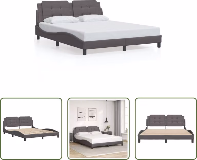 The Living Store Giroletto con testiera grigio 160x200 cm in ecopelle
