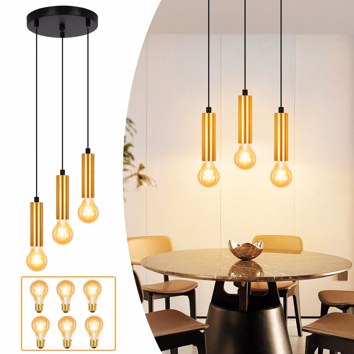 ZMH lampada a sospensione a 3 fiamme lampada a sospensione oro nero lampada a sospensione E27 lampada per sala da pranzo lampada a sospensione industriale lampada per tavolo da pranzo lampada per soggiorno lampada per cucina lampada per corridoio