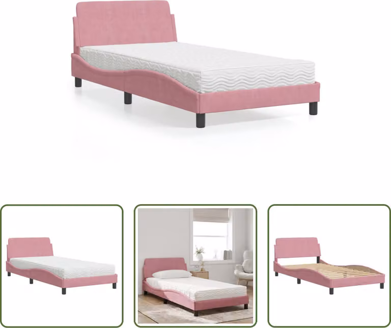 The Living Store Letto con materasso rosa 100x200 cm in velluto