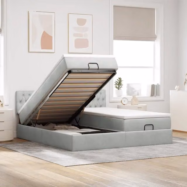 Letto con contenitore a sollevamento vidaXL in velluto grigio e bianco, L: 160 cm, P: 203 cm, H: 88 cm