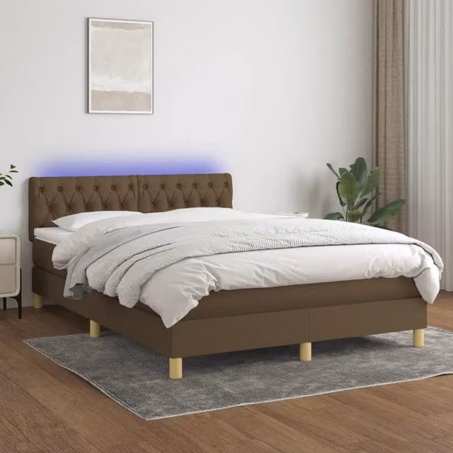 Letto con Materasso a Molle e Illuminazione LED vidaXL in Tessuto Marrone Scuro L/P: 140 x 190 cm – 1