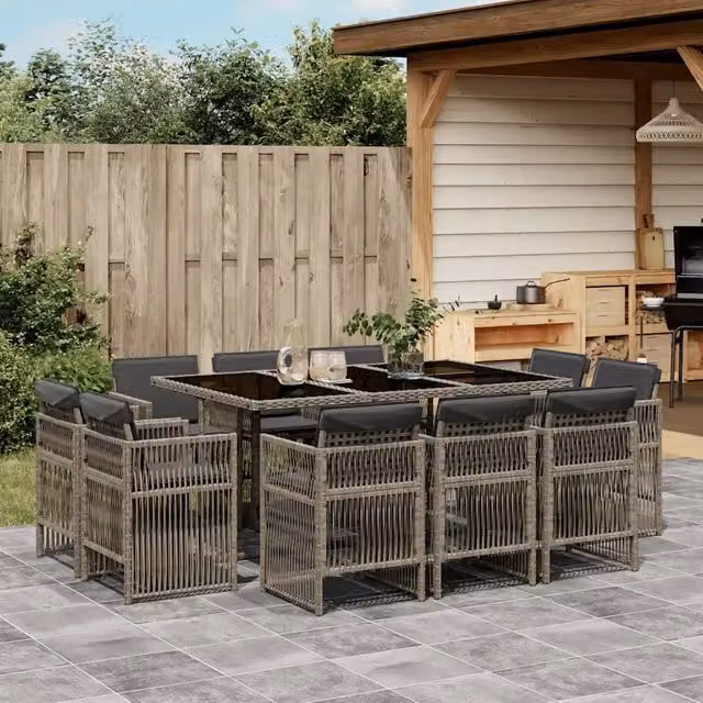 Set da Pranzo da Giardino 11pz con Cuscini in Polyrattan Grigio 3211028