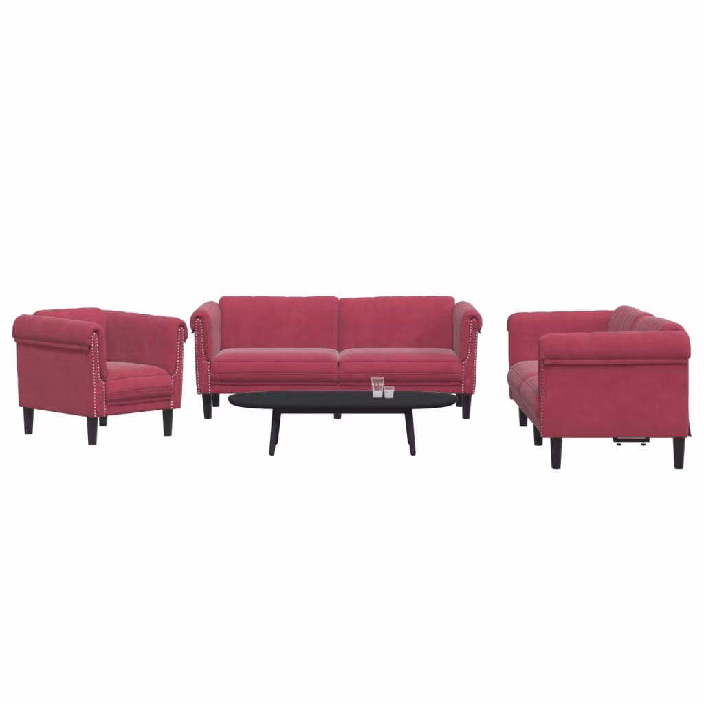 vidaXL Set di Divani 3 pz Moderno in Velluto Rosso con Struttura in Legno e Cuscini – 1