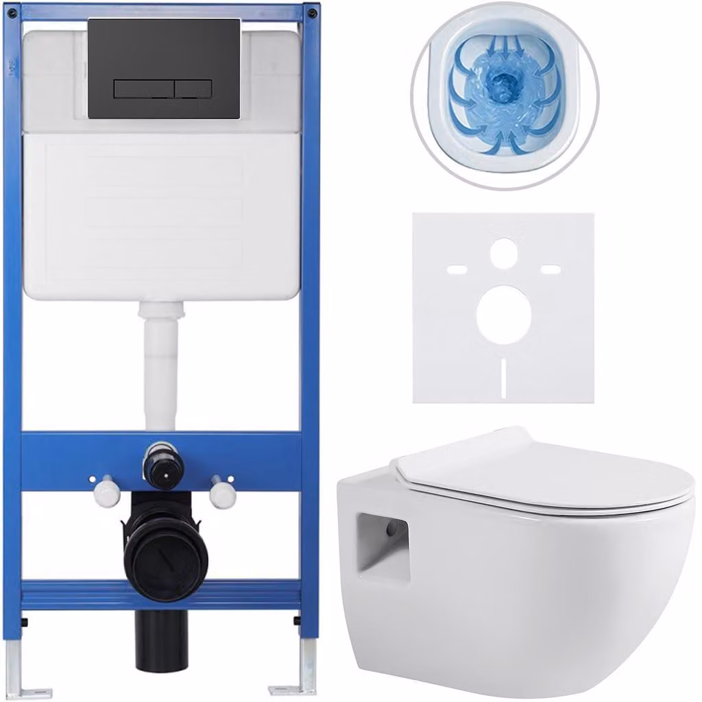 Set completo per WC sospeso Lite/Dure - bianco lucido - pulsante per WC Slim, nero opaco - installazione a parete/con pannello in cartongesso - 51x35 cm