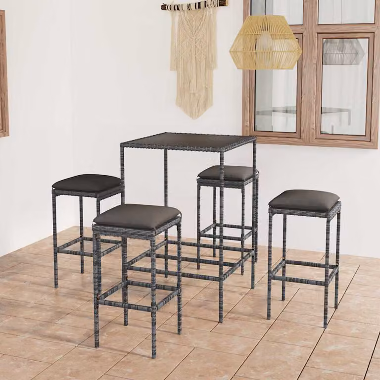Set da Bar da Giardino vidaXL in Polyrattan e Metallo con Cuscini Grigio Antracite e Tavolo in Vetro, 5 Pezzi