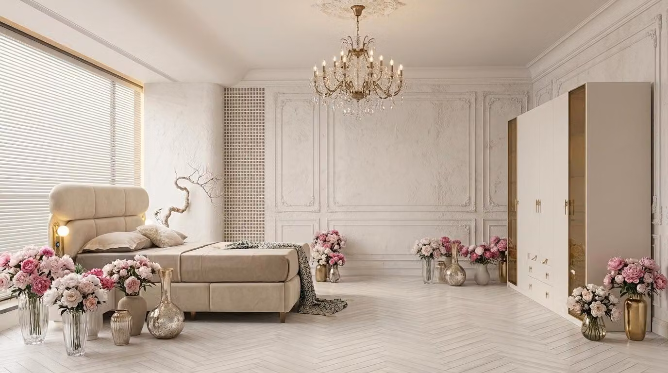 Set per camera da letto: armadio, letto, testiera. Design moderno, colore beige, materiali morbidi e confortevoli