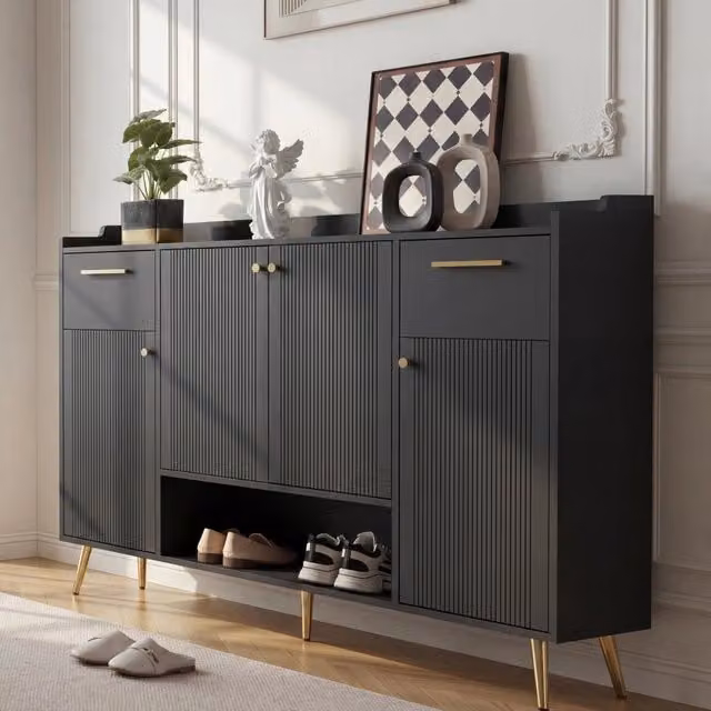 Scarpiera MINIMAL con 2 cassetti e 4 ante in metallo nero lucido L/P/H: 130 x 37 x 100 cm