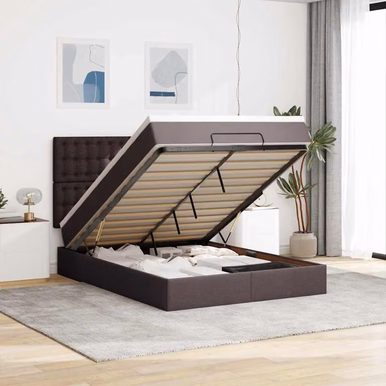 Letto con contenitore a sollevamento vidaXL in tessuto con materasso, L: 200 cm, P: 140 cm, H: 128 cm, Disponibile in marrone, bianco o grigio