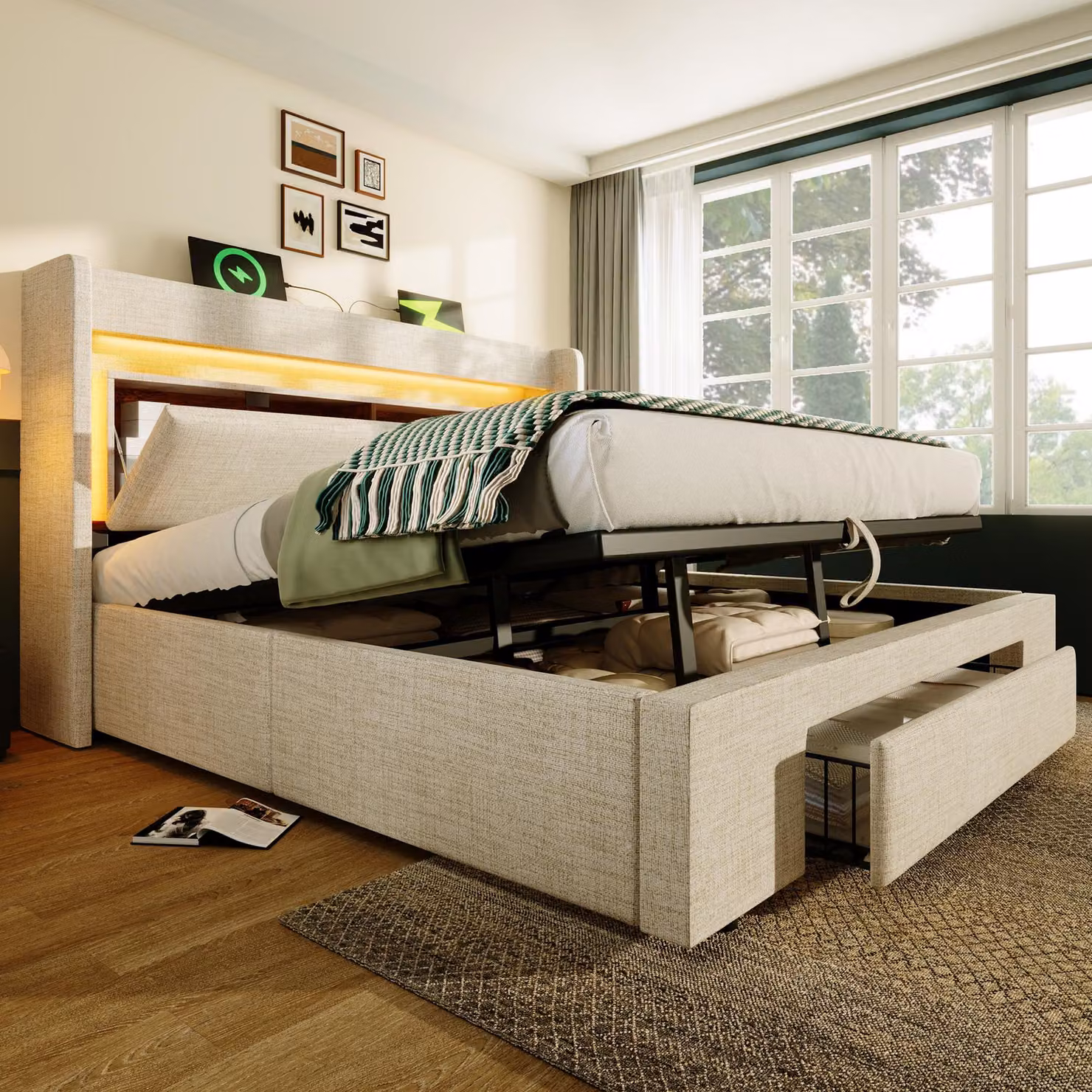 okwish Letto imbottito 180x200 Letto per ragazzi Letto matrimoniale con illuminazione a LED, letto per bambini con prese elettriche e contenitore, letto contenitore con doghe in legno di lino, beige (senza materasso)