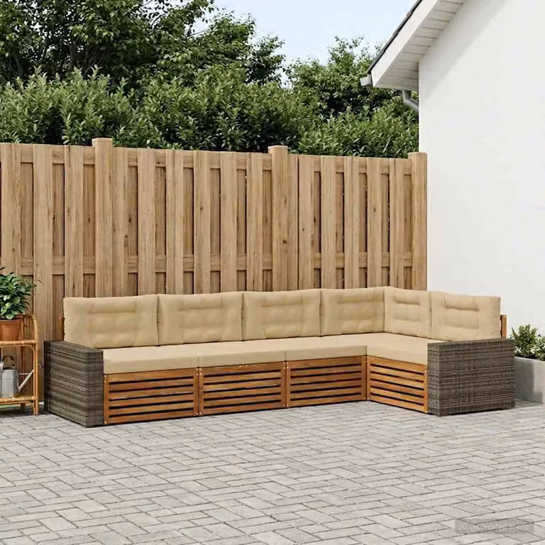 Set di divani da esterno vidaXL a forma di L composto da 5 pezzi in legno di acacia e tessuto beige e marrone resistente ai raggi UV con cuscini inclusi