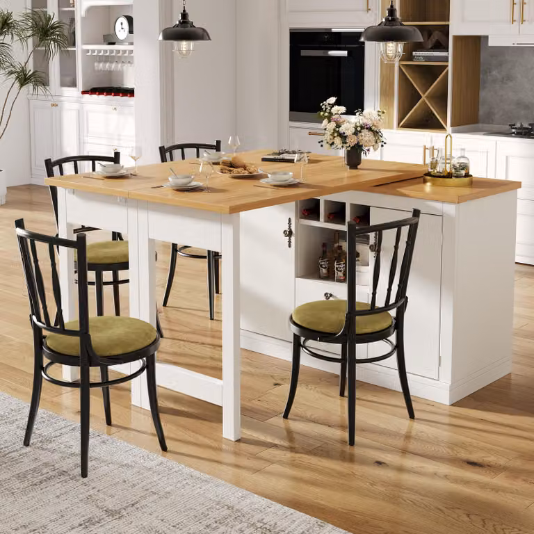 Tavolo da bar girevole Fliek con credenza, tavolo da bar allungabile girevole a 360°, comò con cassetti, portabottiglie e ante, 120-180x40x76 cm, bianco