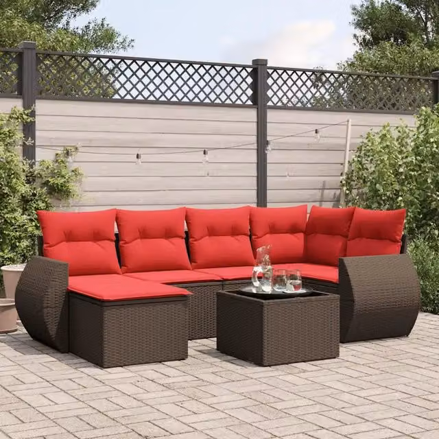 Set Divani da Giardino 7 pz con Cuscini Marrone in Polyrattan 3221673