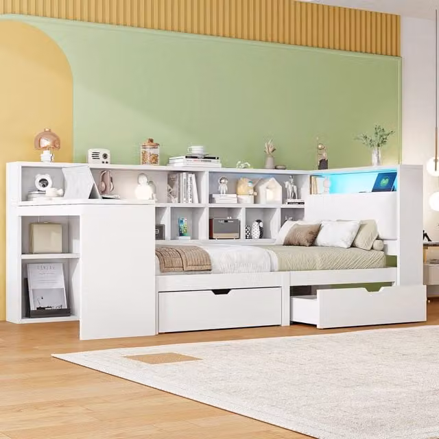 Letto a piattaforma in legno a L 90x200 cm con scrivania e libreria, testiera imbottita, contenitore, cassetti sotto il letto, LED - Bianco