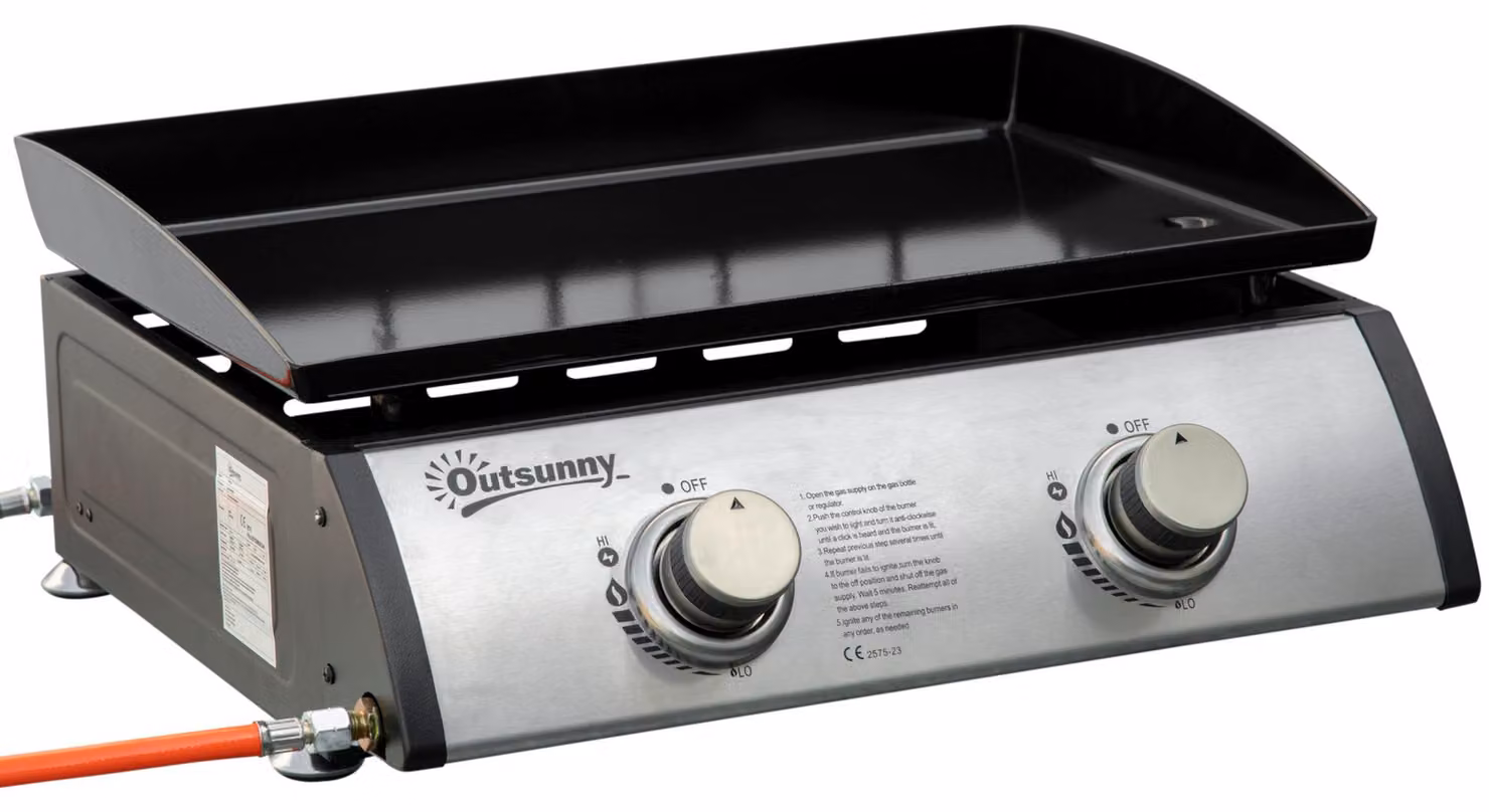Griglia a gas con 2 bruciatori, tubo flessibile, piastra grill antiaderente, acciaio inossidabile, colore: argento, dimensioni: 48,5 x 48 x 21 cm