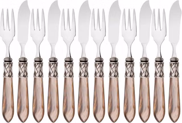 ALADDIN Ghiera Argento Anticato, Posate Set 12 pz Pesce, Casa Bugatti Colore: Onice