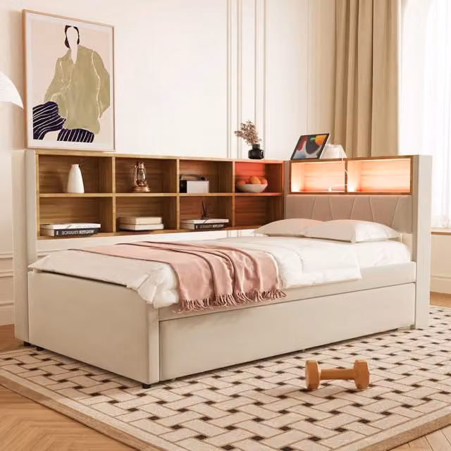 Divano letto 90x200 cm con letto estraibile; LED e vani portaoggetti in flanella