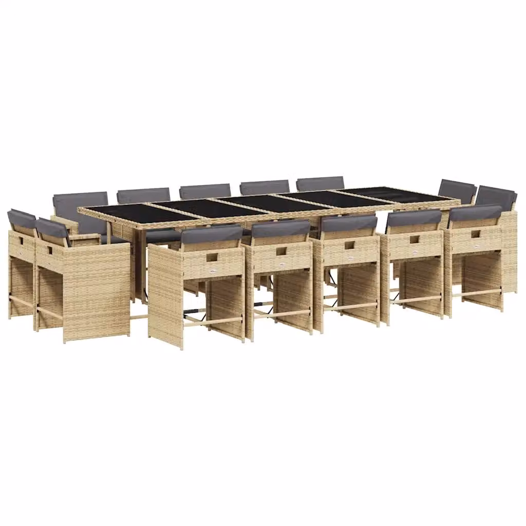 vidaXL Set Pranzo da Giardino 15 pz in Polyrattan con Cuscini Beige e Piano in Vetro – 2