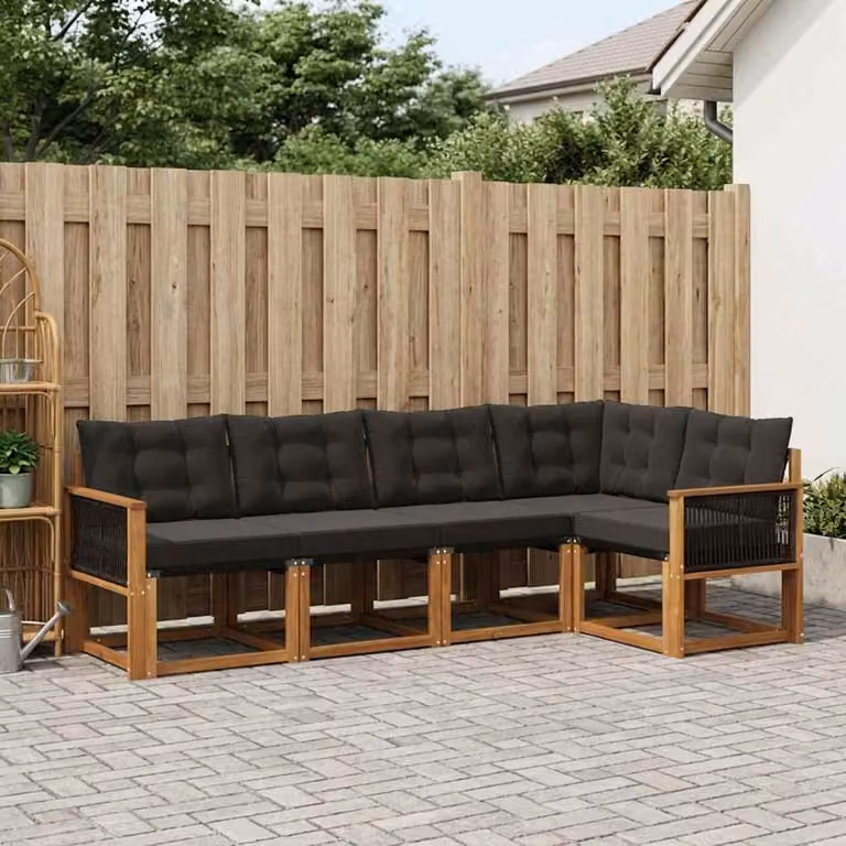 Set di divani da esterno vidaXL a forma di L composto da 5 pezzi in legno di acacia con cuscini in tessuto textilene, colore marrone e nero
