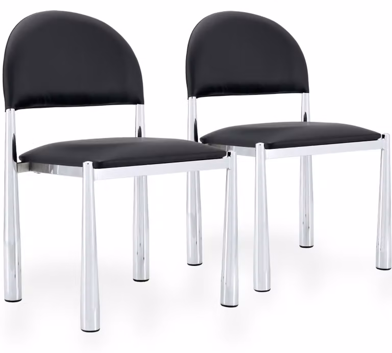 Set di 2 sedie da pranzo in ecopelle, con schienale imbottito a forma semicircolare e gambe in metallo, colore nero/argento