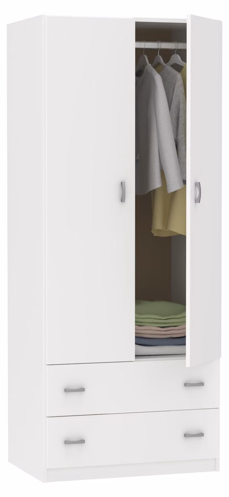 Armadio a 2 ante e 2 cassetti, bianco, dimensioni 180x74x50 cm, design moderno