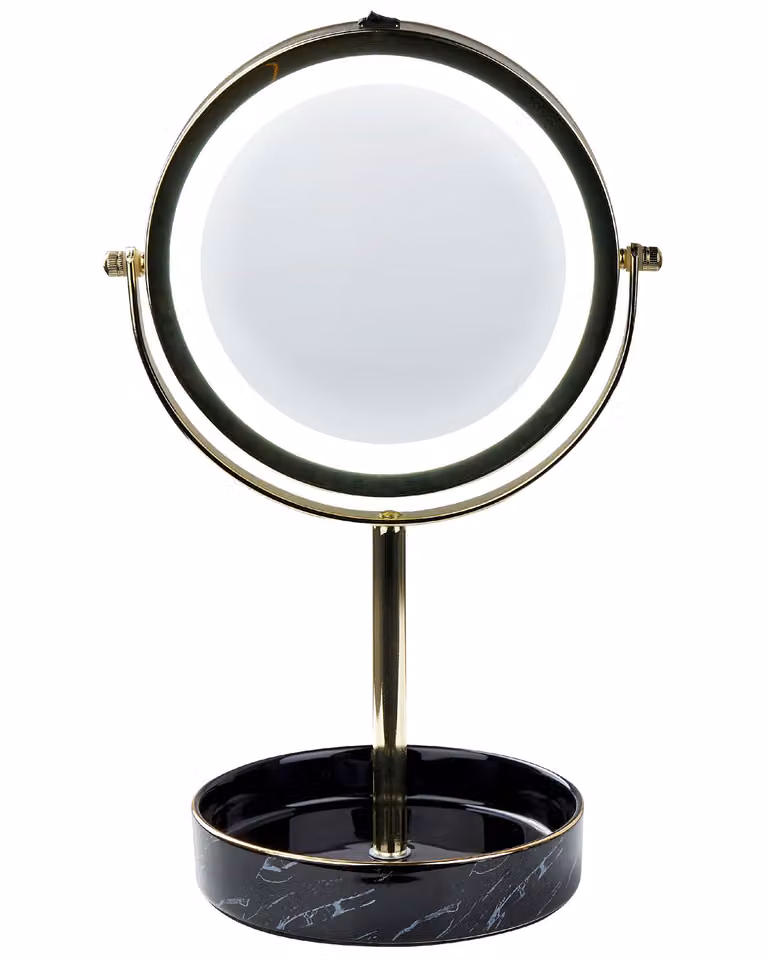 BELIANI Specchio cosmetico LED cornice in metallo ferroso oro e nero ø 20 cm supporto in Vetroceramica lente d'ingrandimento 1x/5x bifacciale