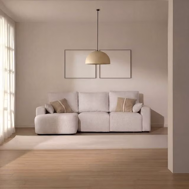 Divano letto angolare Banak a 4 posti con orientamento sinistro, design moderno in tessuto con cuscini coordinati