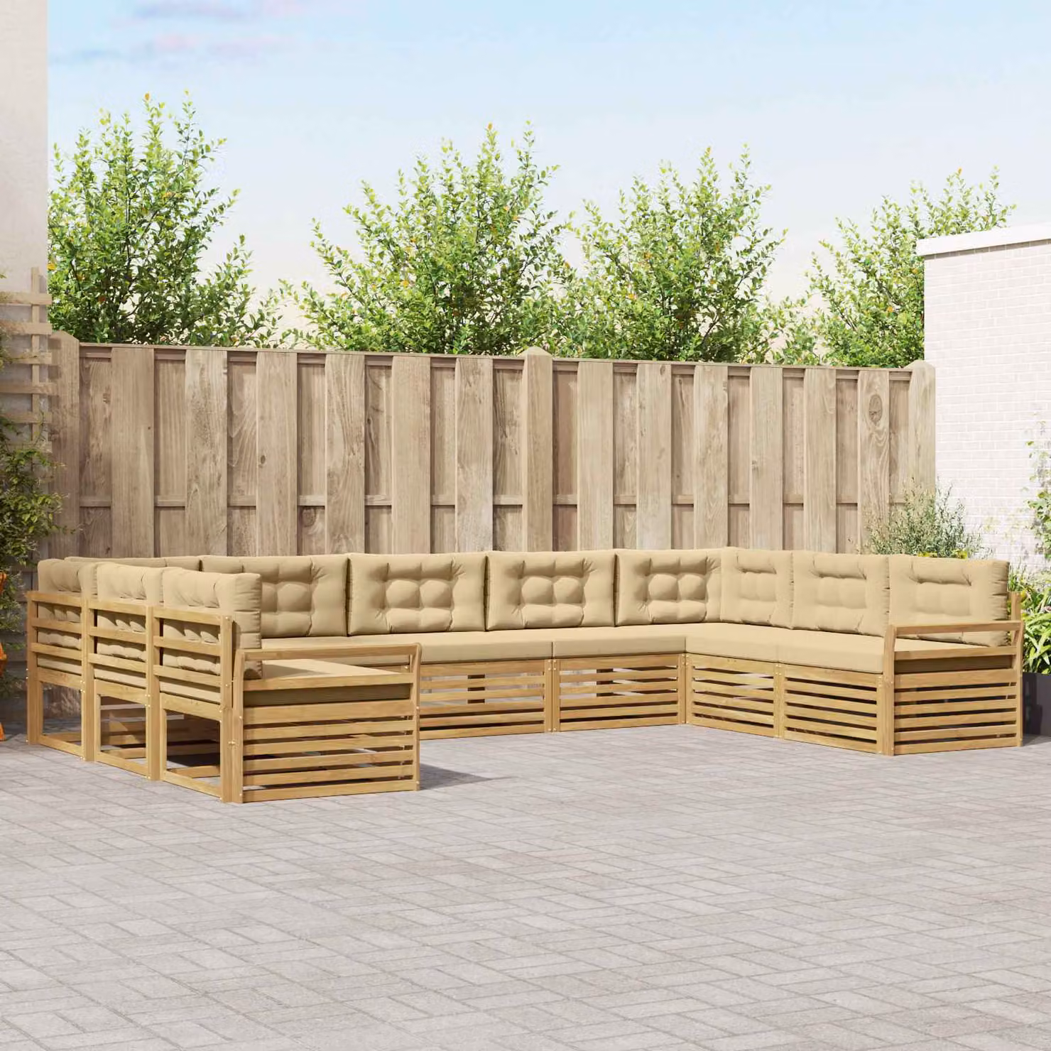 vidaXL Set di divani da esterno a L in legno di acacia con cuscini, Bianco e Beige