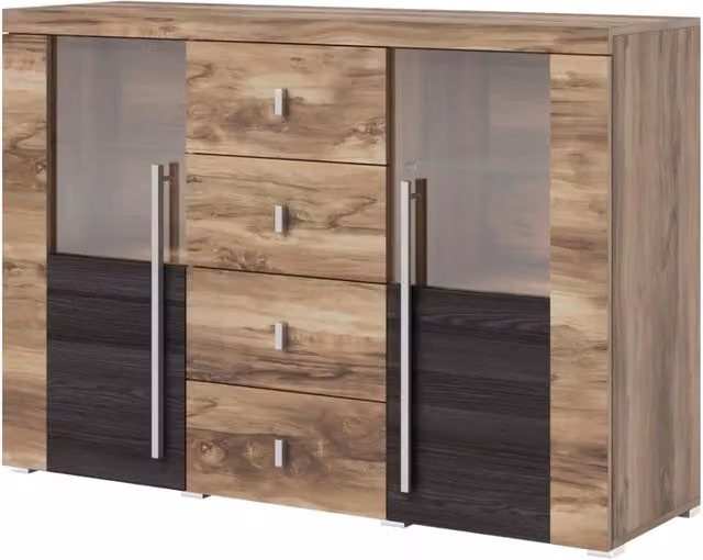 Buffet BRAZZA 2 porte 4 cassetti – Finitura noce satinato – Nicchie aperte e vetrine – 132 cm