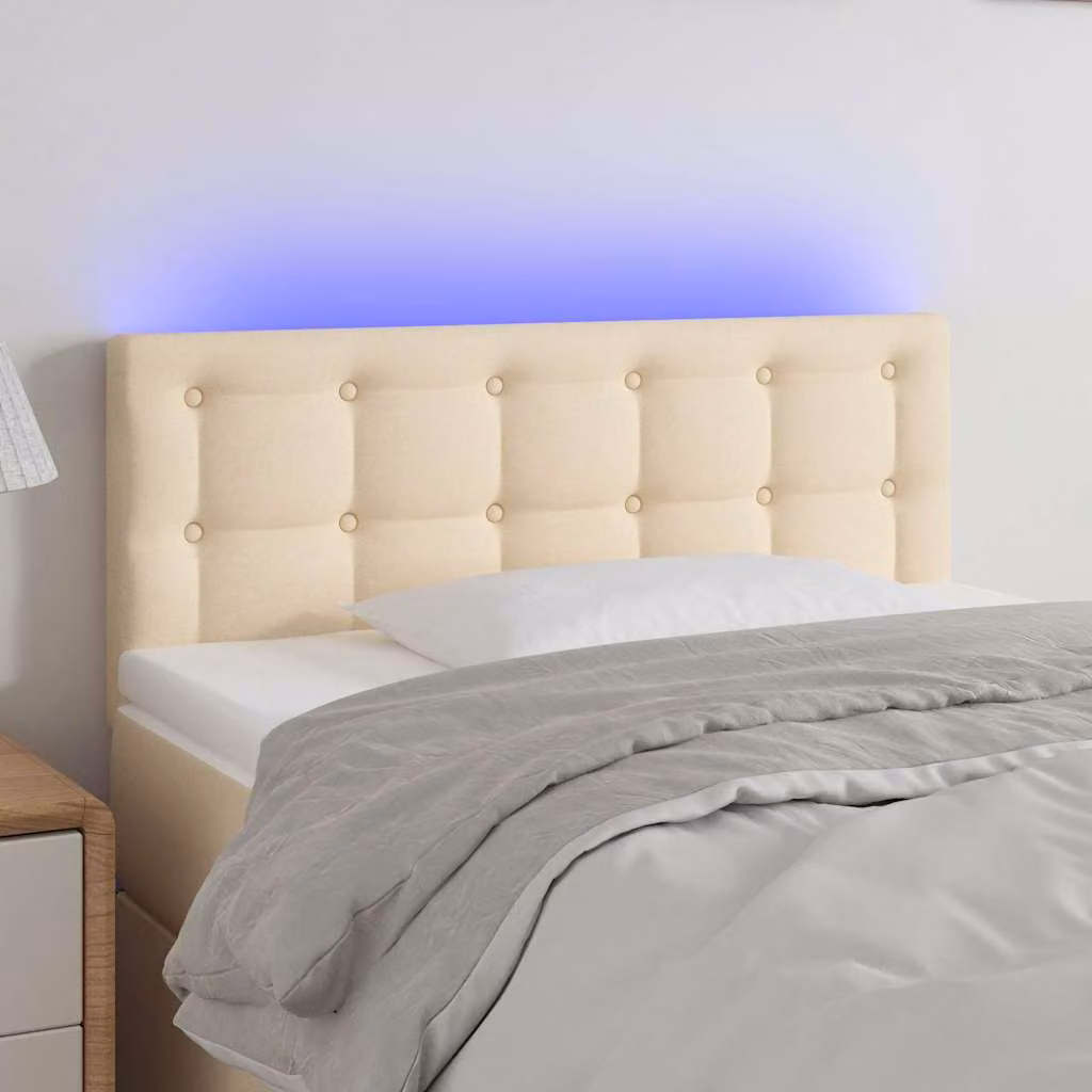 Testiera per letto vidaXL in tessuto beige con illuminazione LED e porta di ricarica USB, L 90 cm, P 5 cm, H 78-88 cm