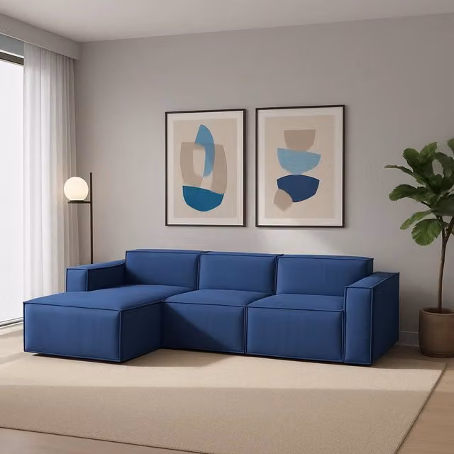 Divano componibile Alganibra TALAMO ITALIA con penisola sinistra, Sofà moderno a 3 posti in tessuto blu con funzione letto e coperture rimovibili, L: 300 cm, P: 170 cm, H: 70 cm