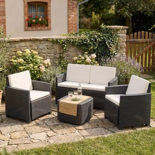 Set Salotto da Esterno Bacco DMORA composto da divano 2 posti, poltrona lounge e tavolino da caffè, colore Antracite – 1