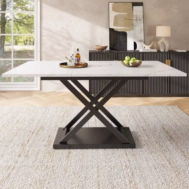 Tavolo da pranzo allungabile 120-160x80x75 cm in MDF effetto marmo bianco; gambe in metallo nere
