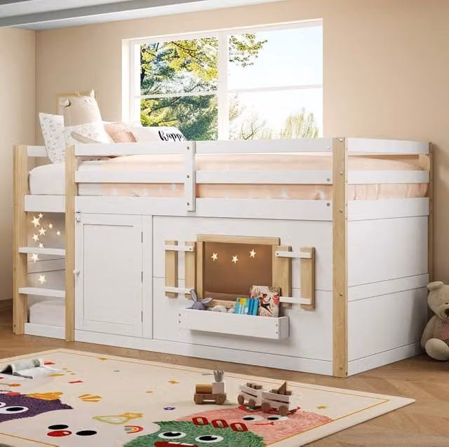 Letto a castello per bambini 90x200 cm in legno bianco con scaletta e area gioco multifunzionale, senza materasso