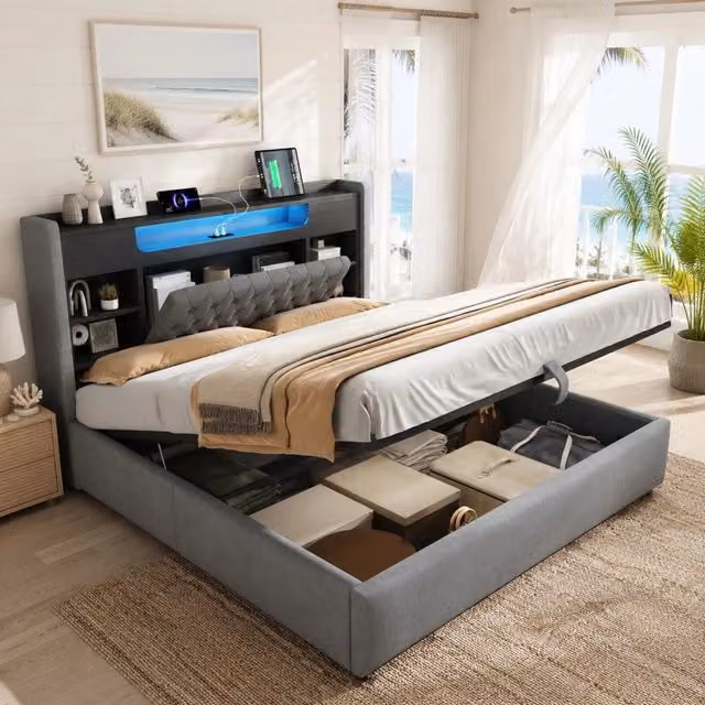 Letto contenitore matrimoniale 180×200 cm con LED, USB e Type-C, mensole, senza materasso, in lino, grigio
