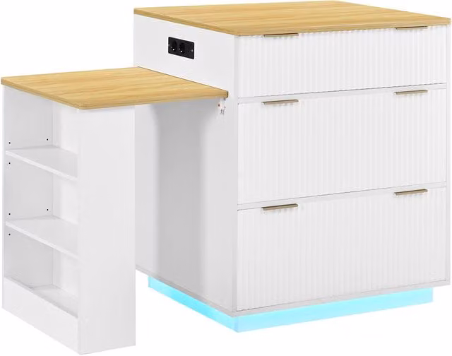 Isola Cucina con Ruote e Tavolo Estendibile a LED, Ripiani Regolabili, Cassetti e Prese Elettriche, Bianco, 127,5-205x67x92 cm