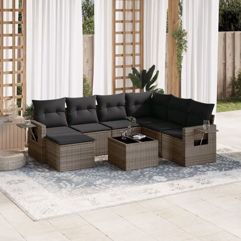 vidaXL Set Divano da Giardino 8 pz in Polyrattan Grigio con Cuscini e Tavolino