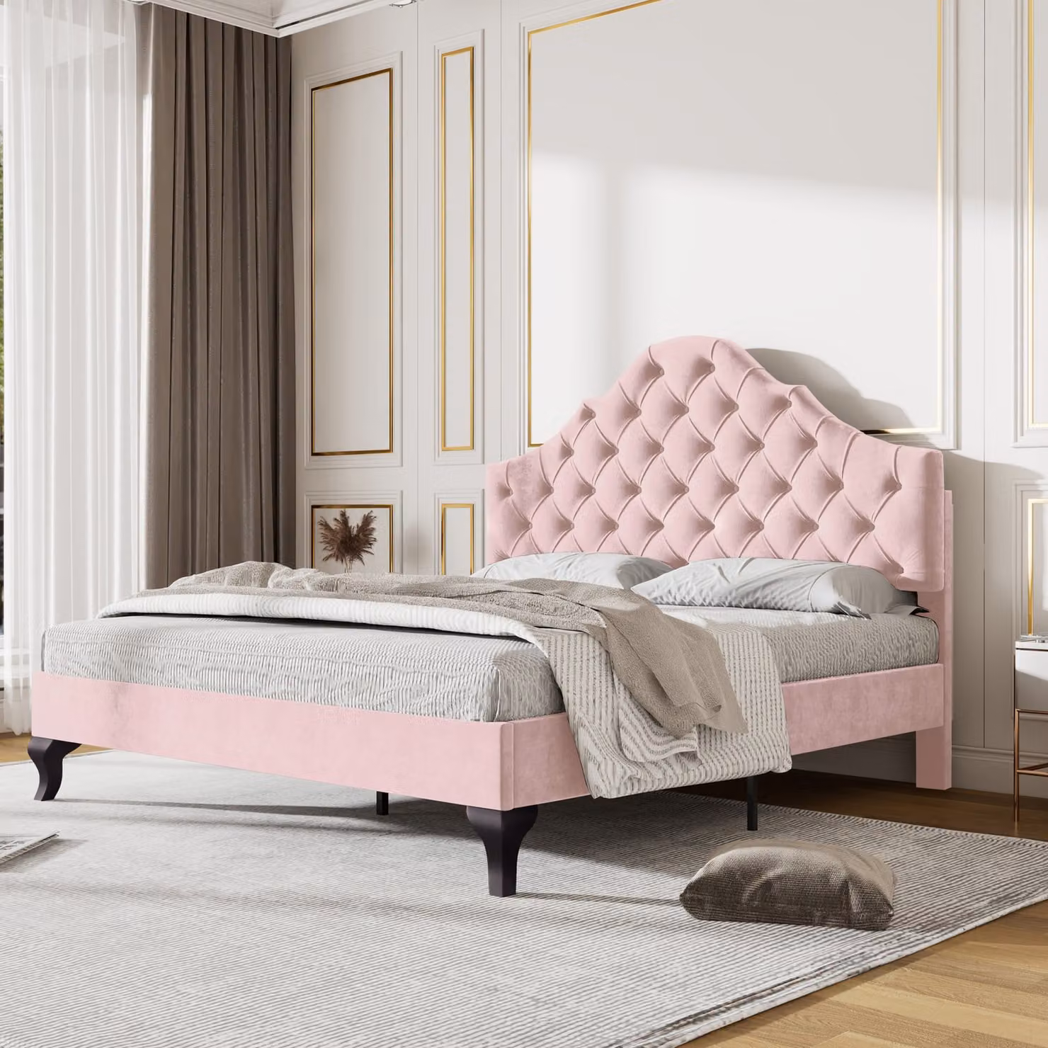 MODFU Letto imbottito 140x200 cm con testiera e rete regolabili in altezza, letto matrimoniale per bambini in velluto e legno massello (materasso escluso), rosa