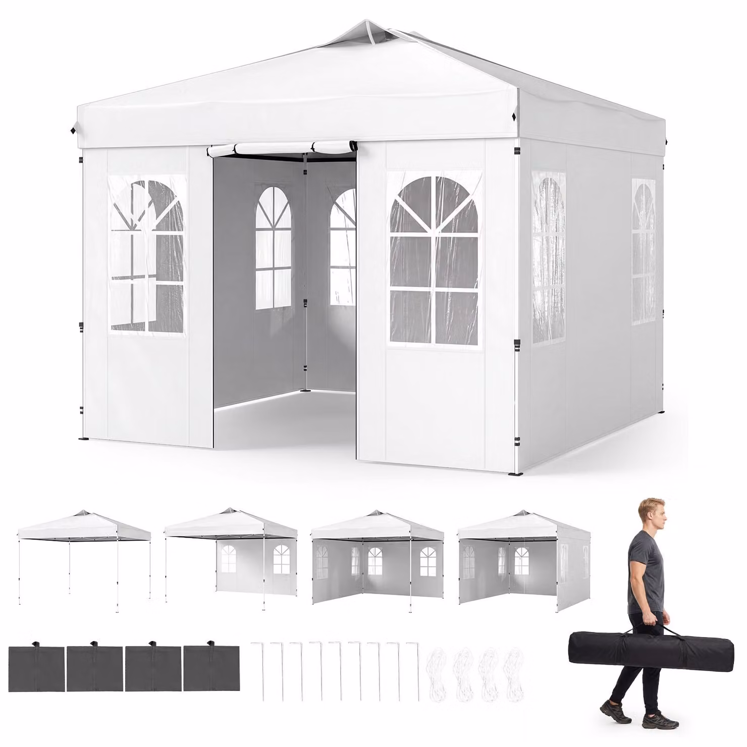 KOMFOTTEU, gazebo pop-up da giardino, dimensioni 3 x 3 metri, con struttura regolabile in altezza e dotato di 4 pareti laterali (bianco)