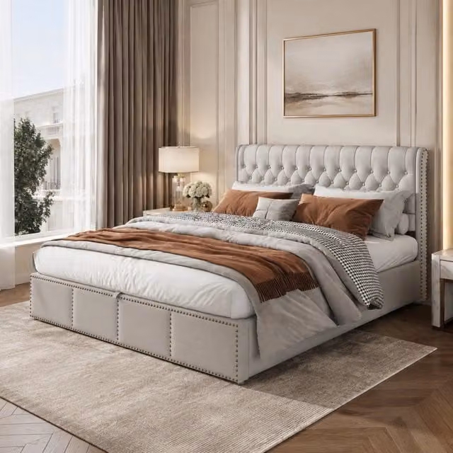 Letto matrimoniale 160x200 cm con contenitore in cotone e lino; grigio