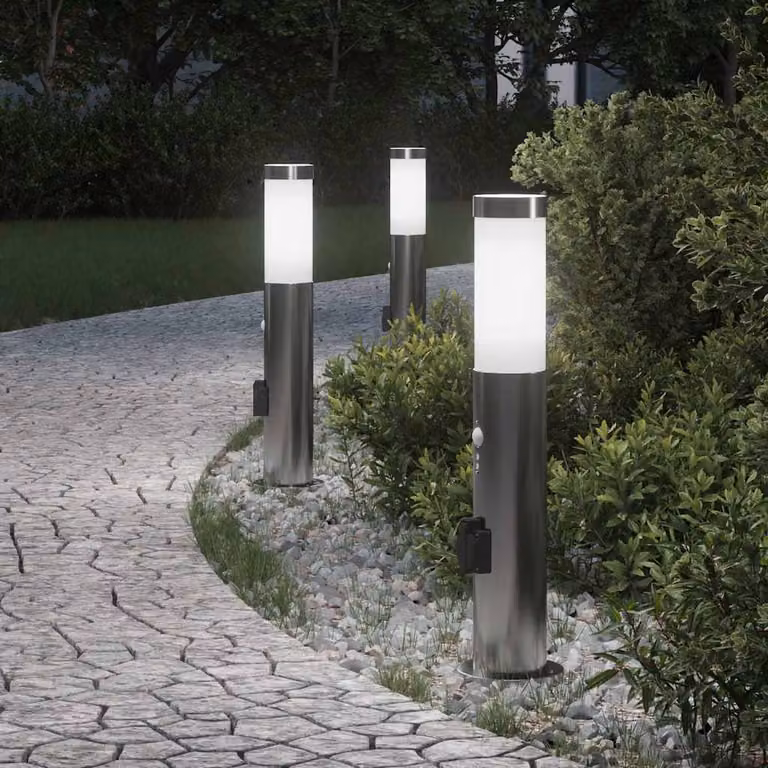 Set di 3 lampioni a dissuasore vidaXL in acciaio inox color argento con sensore di movimento e protezione IP44, Altezza: 50 cm