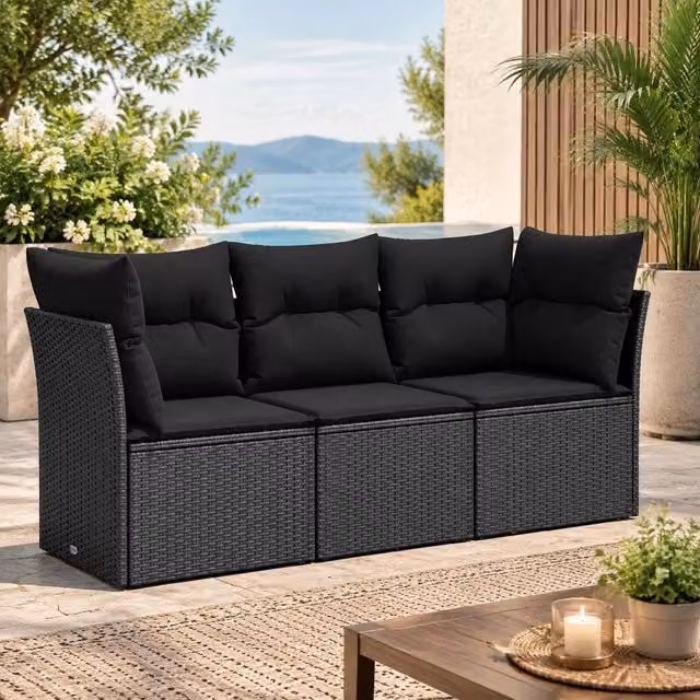 3-piece Garden Sofa Set With Cushions, Black Poly Rattan