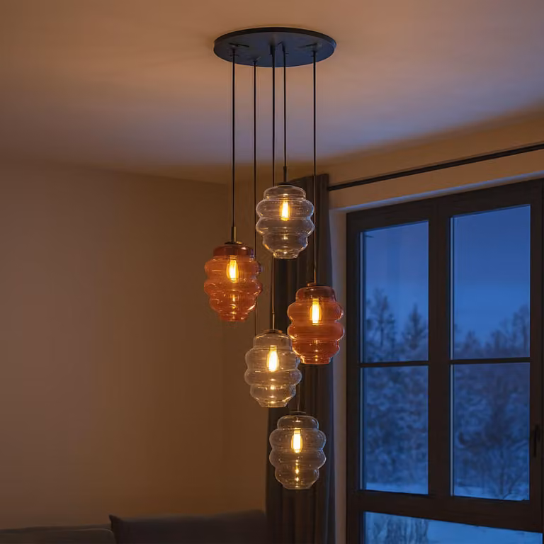 s.luce Echos gallery light 5 fiamme Ø 60cm baldacchino Ø 25cm trasparente 5 fiamme ovali, allungate