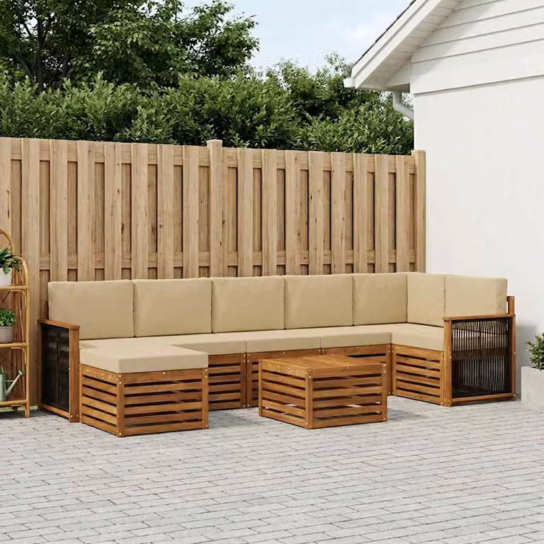 vidaXL Set di divani da esterno 7 pz in legno di acacia con cuscini, colore beige e marrone
