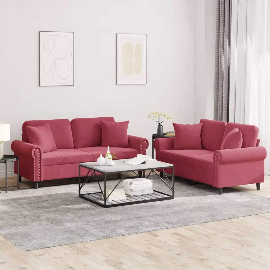 Maison Exclusive - Set divano a 2 posti con cuscini in velluto bordeaux