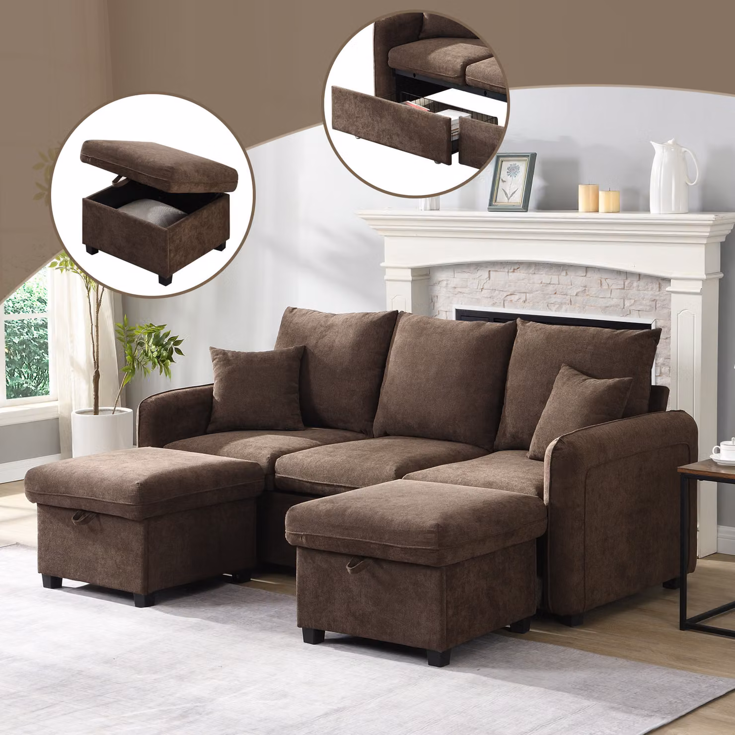 Divano angolare MODFU con contenitore, divano a tre posti a forma di U con funzione letto, divano relax con cassetti + pouf con contenitore, marrone